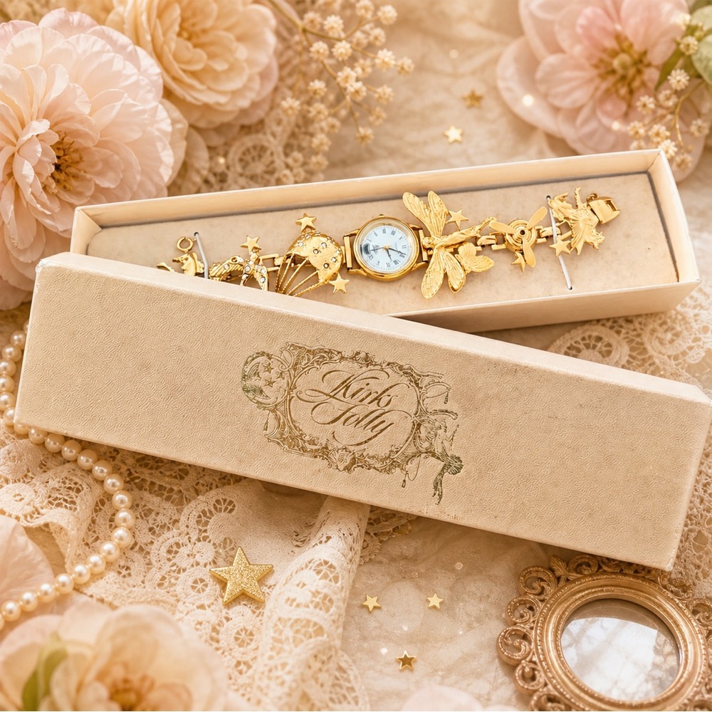 Vintage Kirk’s Folly Fairy Charm Bracelet Watch Gold Tone Enchanted Original Box